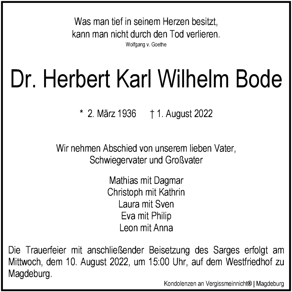  Traueranzeige für Herbert Karl Wilhelm Bode vom 06.08.2022 aus Mitteldeutsche Zeitung Dessau-Roßlau