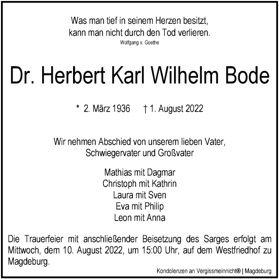 Traueranzeige von Herbert Karl Wilhelm Bode von Mitteldeutsche Zeitung Dessau-Roßlau