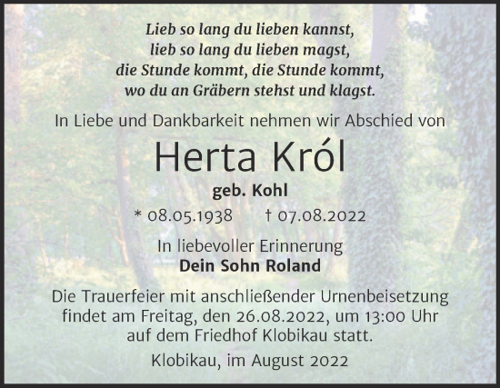Traueranzeige von Herta Król von Trauerkombi Merseburg