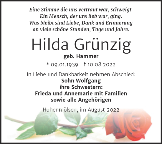 Traueranzeige von Hilda Grünzig von Trauerkombi Weißenfels