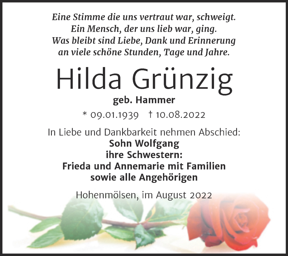  Traueranzeige für Hilda Grünzig vom 17.08.2022 aus Trauerkombi Weißenfels