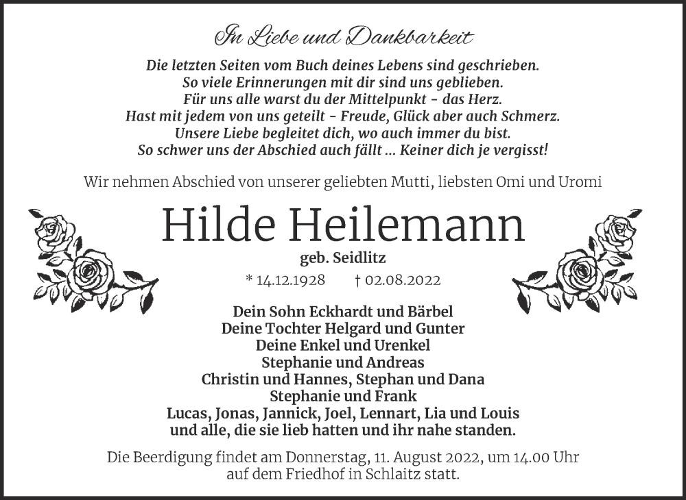  Traueranzeige für Hilde Heilemann vom 06.08.2022 aus Trauerkombi Bitterfeld