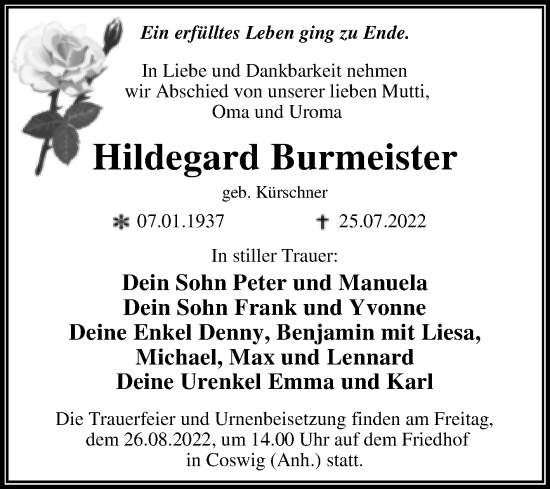 Traueranzeige von Hildegard Burmeister von Trauerkombi Wittenberg