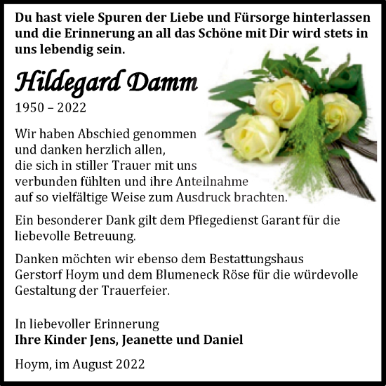 Traueranzeige von Hildegard Damm von Trauerkombi Aschersleben