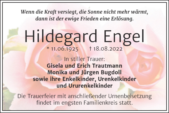 Traueranzeige von Hildegard Engel von Mitteldeutsche Zeitung Halle/Saalkreis