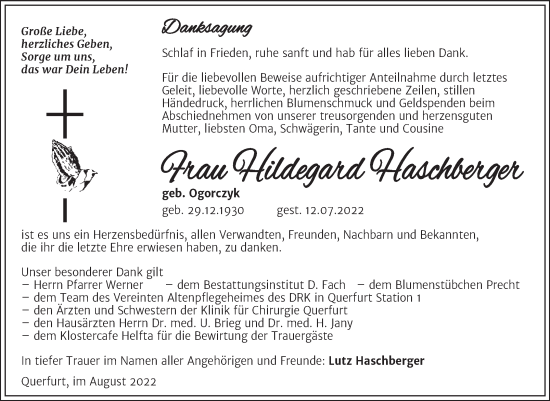 Traueranzeige von Hildegard Haschberger von Trauerkombi Merseburg