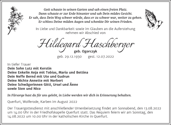 Traueranzeige von Hildegard Haschberger von Trauerkombi Merseburg