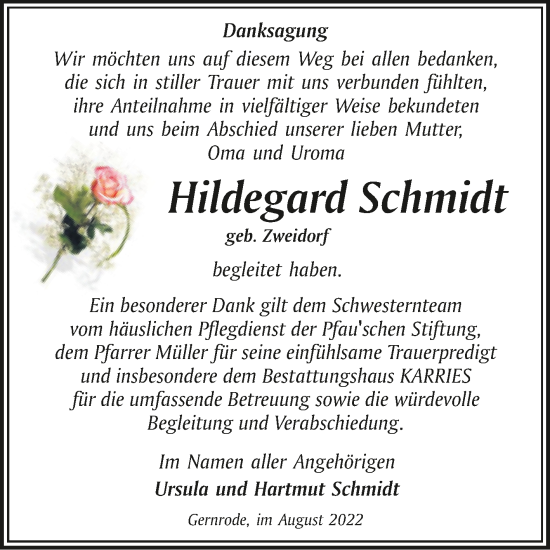 Traueranzeige von Hildegard Schmidt von Trauerkombi Quedlinburg