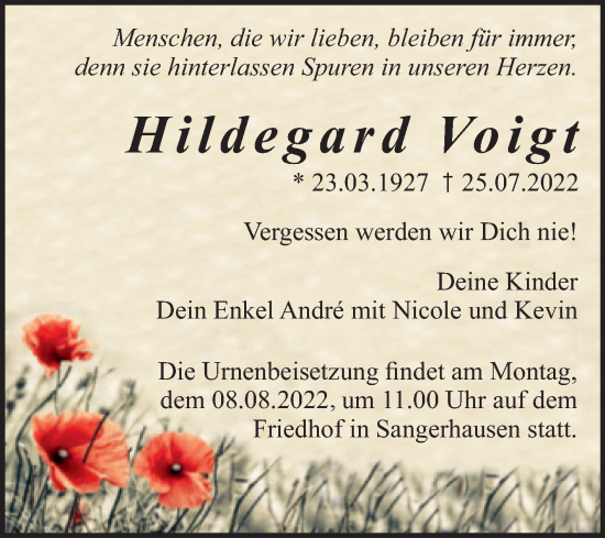 Traueranzeige von Hildegard Voigt von Mitteldeutsche Zeitung Sangerhausen