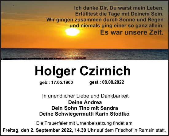 Traueranzeige von Holger Czirnich von Trauerkombi Bitterfeld