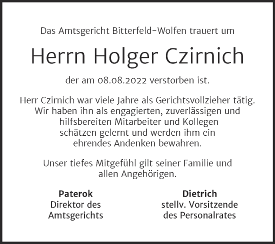 Traueranzeige von Holger Czirnich von Mitteldeutsche Zeitung Bitterfeld