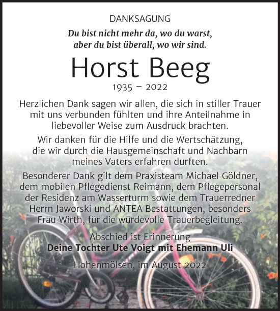 Traueranzeige von Horst Beeg von Trauerkombi Weißenfels