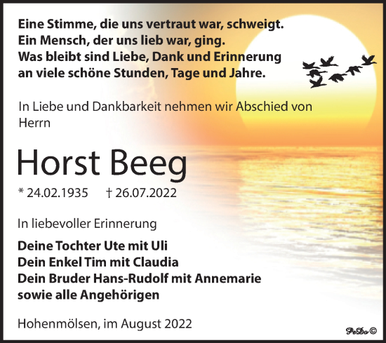 Traueranzeige von Horst Beeg von Trauerkombi Weißenfels