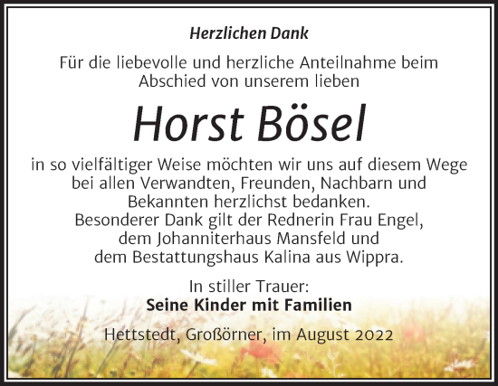 Traueranzeige von Horst Böse von Trauerkombi Mansfelder Land