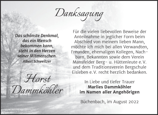 Traueranzeige von Horst Dammköhler von Mitteldeutsche Zeitung Mansfelder Land