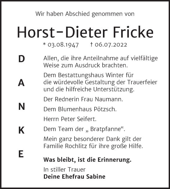 Traueranzeige von Horst-Dieter Fricke von Trauerkombi Bitterfeld
