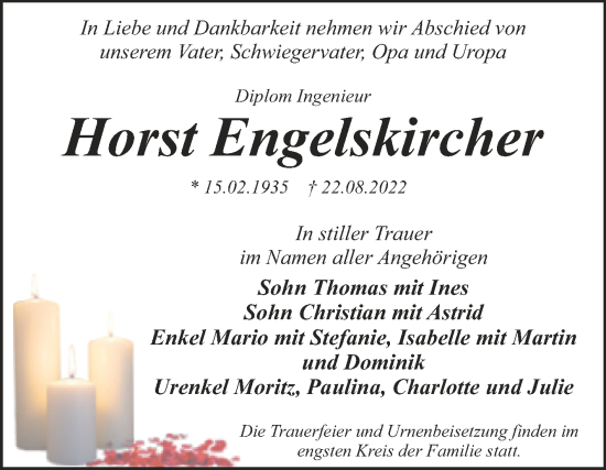 Traueranzeige von Horst Engelskircher von Trauerkombi Dessau