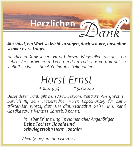 Traueranzeige von Horst Ernst von Trauerkombi Köthen