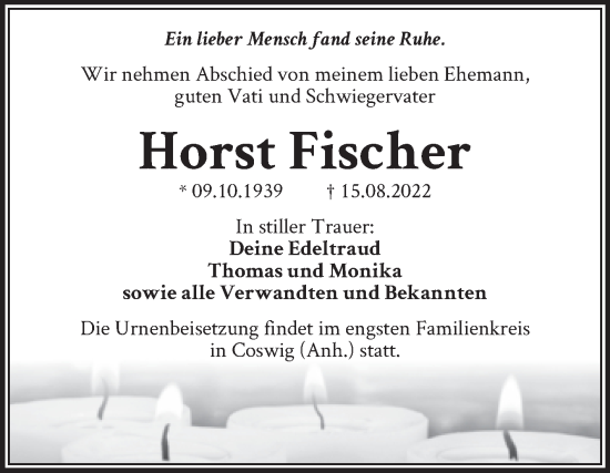 Traueranzeige von Horst Fischer von Trauerkombi Wittenberg