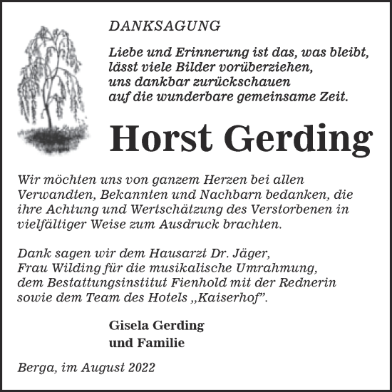 Traueranzeige von Horst Gerding von Trauerkombi Sangerhausen