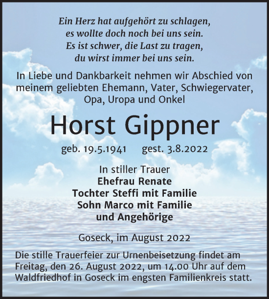 Traueranzeige von Horst Gippner von Trauerkombi Weißenfels