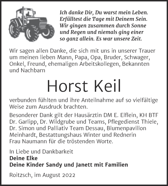 Traueranzeige von Horst Keil von Trauerkombi Bitterfeld