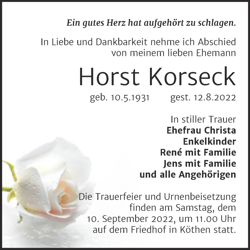  Traueranzeige für Horst Korseck vom 17.08.2022 aus Trauerkombi Köthen