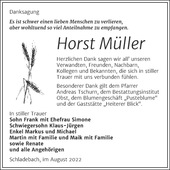 Traueranzeige von Horst Müller von Trauerkombi Merseburg