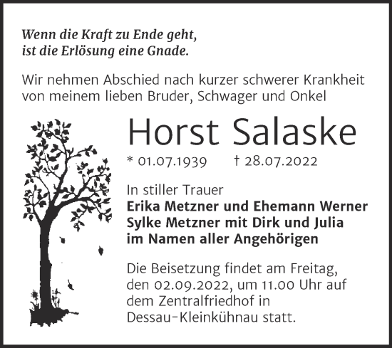 Traueranzeige von Horst Salaske von Trauerkombi Dessau