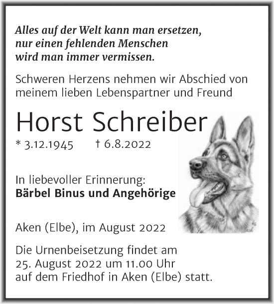 Traueranzeige von Horst Schreiber von Trauerkombi Köthen