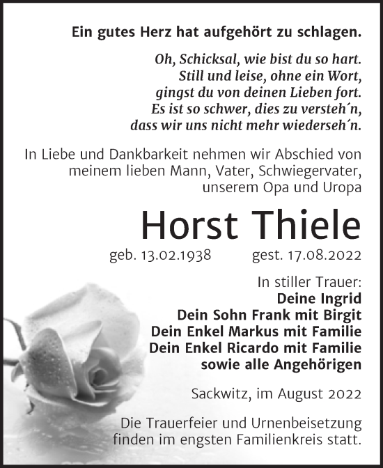 Traueranzeige von Horst Thiele von Trauerkombi Wittenberg