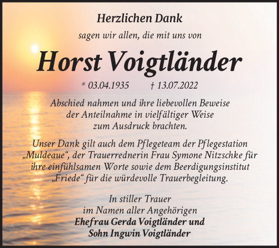 Traueranzeige von Horst Voigtländer von Trauerkombi Dessau