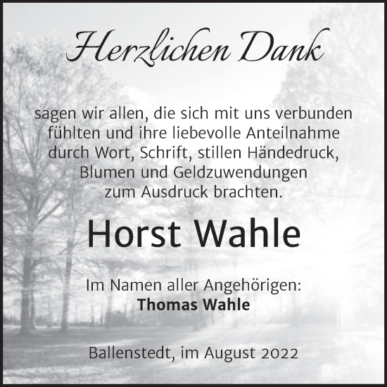 Traueranzeige von Horst Wahle von Super Sonntag Quedlingburg