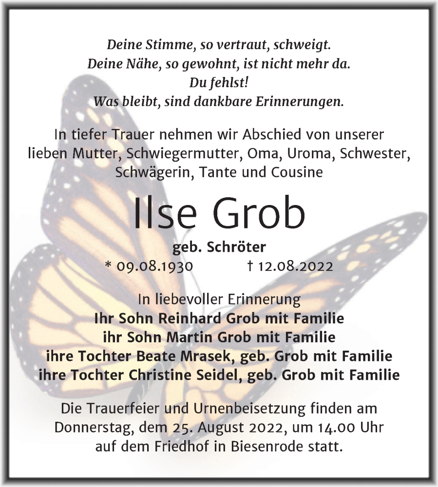  Traueranzeige für Ilse Grob vom 18.08.2022 aus Trauerkombi Mansfelder Land