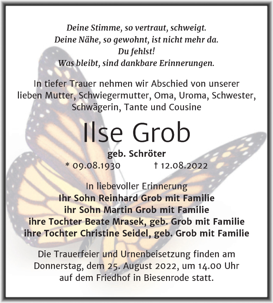  Traueranzeige für Ilse Grob vom 20.08.2022 aus Trauerkombi Mansfelder Land