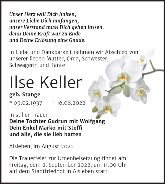 Traueranzeige von Ilse Keller von Trauerkombi Bernburg