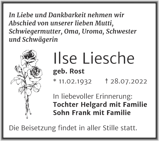 Traueranzeige von Ilse Liesche von Trauerkombi Bitterfeld
