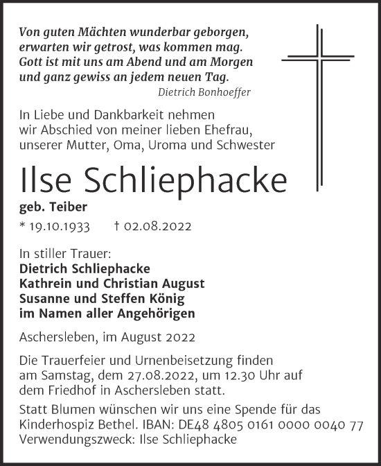 Traueranzeige von Ilse Schliephacke von Trauerkombi Aschersleben