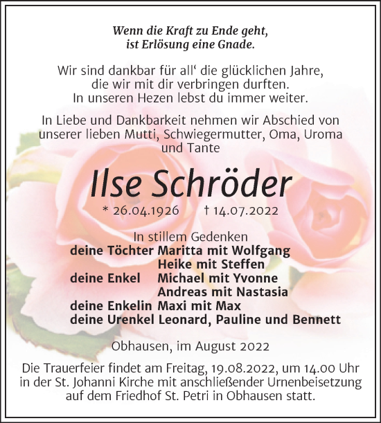 Traueranzeige von Ilse Schröder von Trauerkombi Merseburg