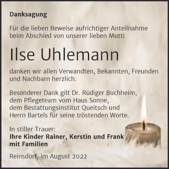 Traueranzeige von Ilse Uhlemann von Trauerkombi Köthen