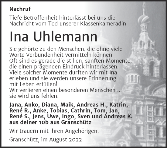 Traueranzeige von Ina Uhlemann von Trauerkombi Weißenfels