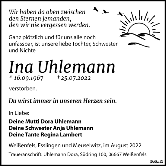 Traueranzeige von Ina Uhlemann von Trauerkombi Weißenfels