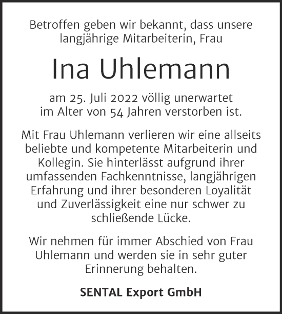 Traueranzeige von Ina Uhlemann von Mitteldeutsche Zeitung Weißenfels