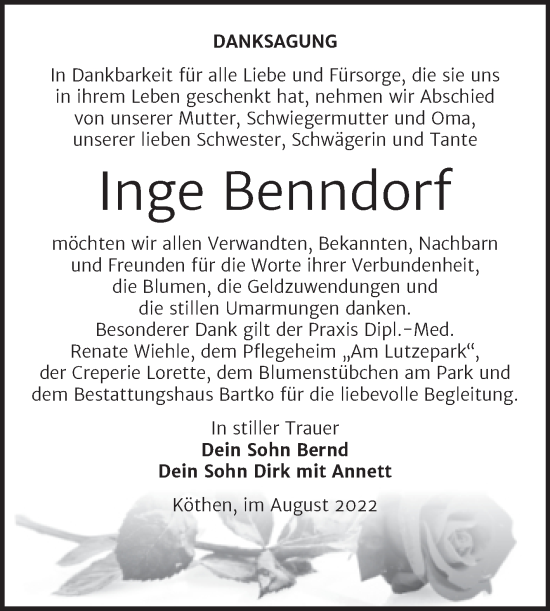 Traueranzeige von Inge Benndorf von Trauerkombi Köthen