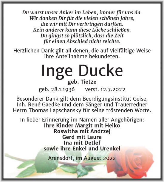 Traueranzeige von Inge Ducke von Trauerkombi Köthen