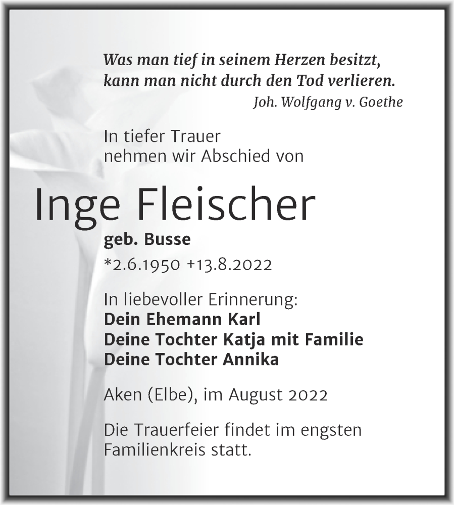  Traueranzeige für Inge Fleischer vom 18.08.2022 aus Trauerkombi Köthen