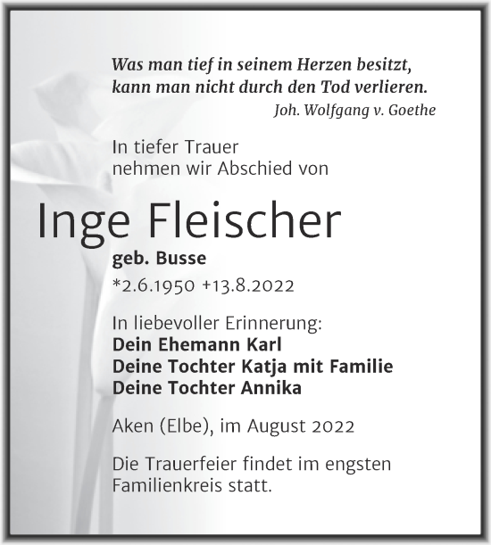 Traueranzeige von Inge Fleischer von Trauerkombi Köthen
