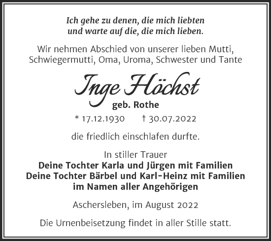 Traueranzeige von Inge Höchst von Trauerkombi Quedlinburg