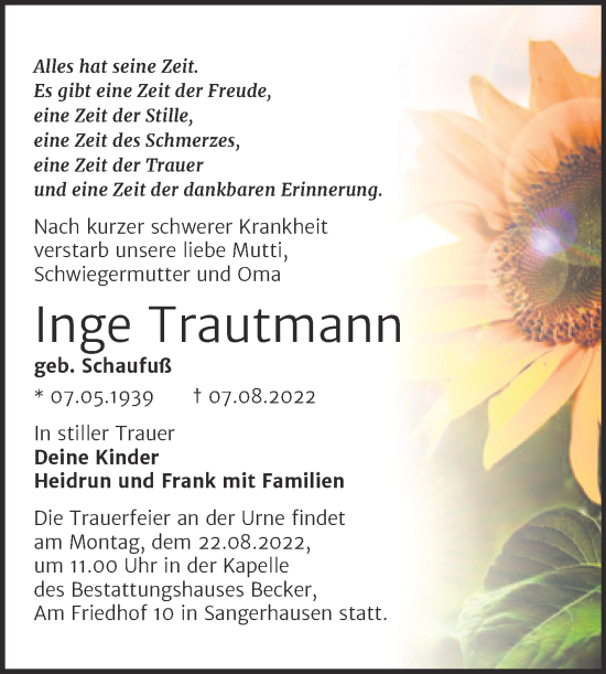 Traueranzeige von Inge Trautmann von Mitteldeutsche Zeitung Sangerhausen