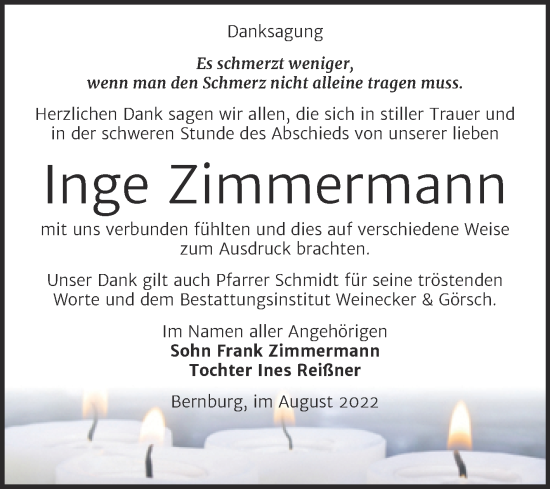 Traueranzeige von Inge Zimmermann von Trauerkombi Bernburg